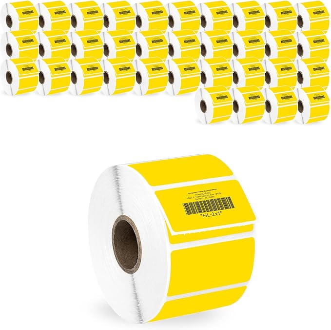 HOUSELABELS 2" x 1" Yellow Barcode Labels on 1" Core Compatible with Zebra and Rollo Printers, 35 Rolls / 1,300 Labels per Roll