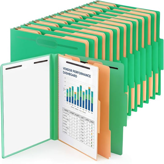 12 Pack Plastic Classification Folders with 2 Dividers & Fasteners, Heavy Duty 3.5” Expansion Letter Size File Folders for Law Client Files, Medical Records & Office Reports(Green)