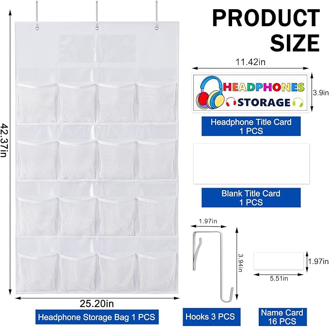 AmazingSpark 16 Pockets Classroom Headphone Storage Thickened Non-woven Fabric Mesh Pocket Chart Over The Door Hanging Cell Phone Organizer with Signed Card for Back to School Classroom Library, White