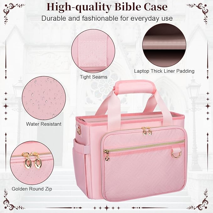 Large Bible Cover Case for Women, Bible Cover with Book Sleeve, Thick Padded Bible Case, Working Bible Tote Bag with Laptop and Bottle Pockets, Church Bag, Bible Bag for Women, Girl, Pink