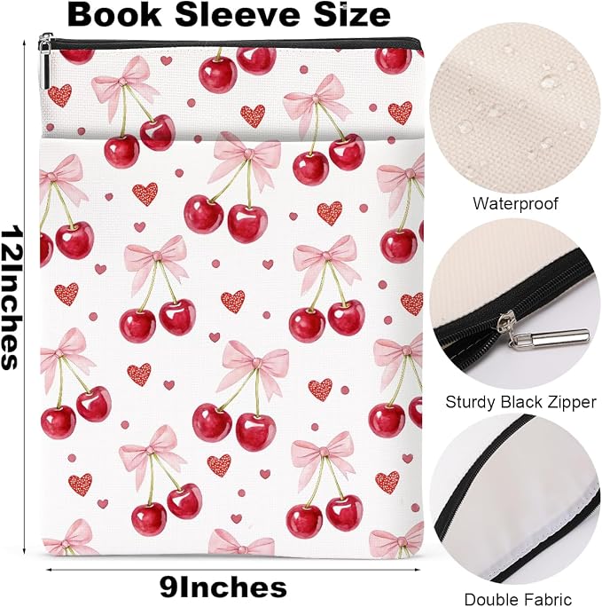 Cherry Bows Decor Book Lovers Gifts Waterproof Book Sleeve Books Pouch Books Protector with Zipper and Front Pocket Bookish Gifts Cover Case for Women Girl Friend Reader Reading Accessories