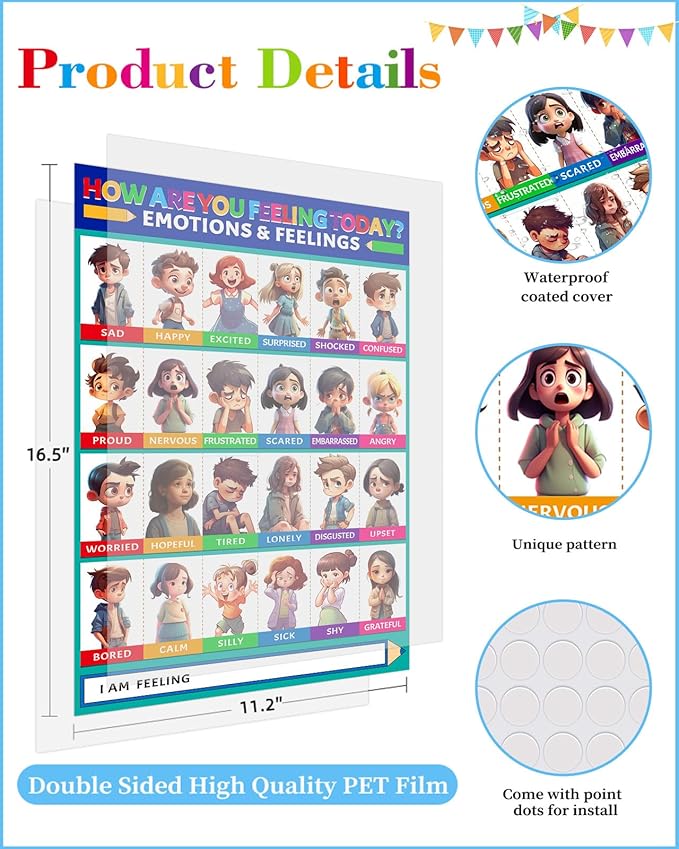 D24TIME Feelings Chart for Kids - 11''x16'' Toddler Educational Feeling Posters Emotion Chart for Children Kindergarten Nursery School Classroom Learning Poster Back to School Teacher Supplies