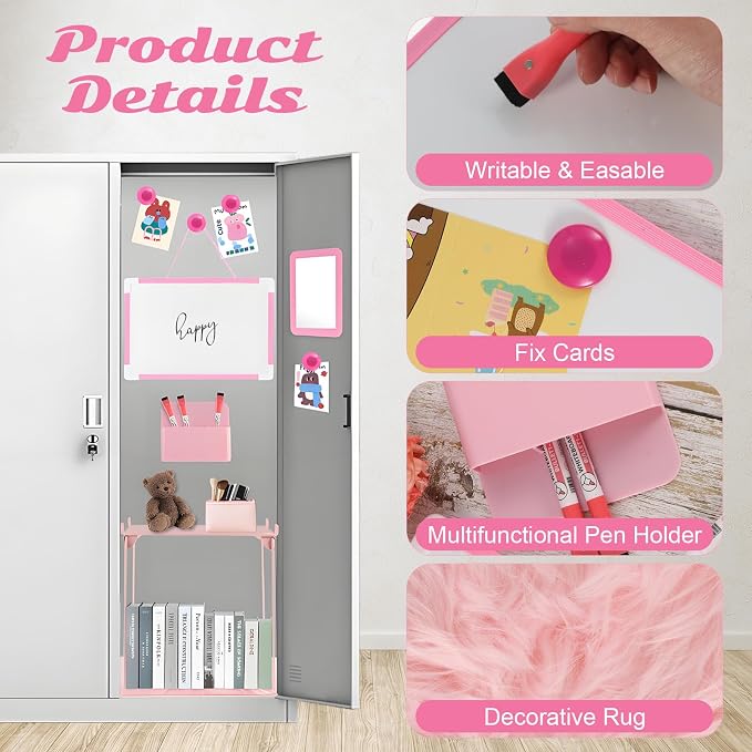 12 Pcs Locker Organizer and Decorating Kit, First Day of School Essentials,Back to School Essentials Locker Decoration, Print Whiteboard with Markers Plush Area Rug String Mirror Magnetic Cup