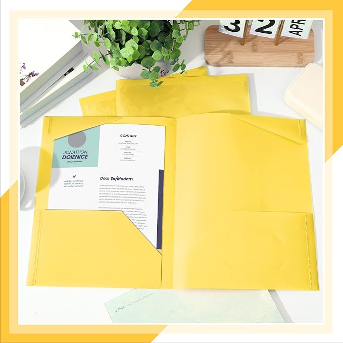 Henoyso 18 Pack Yellow Plastic Folders with Clear Front Pockets Heavy Duty File Folders with 2 Pockets and Card Slot for Student Communication School Office Presentation Report