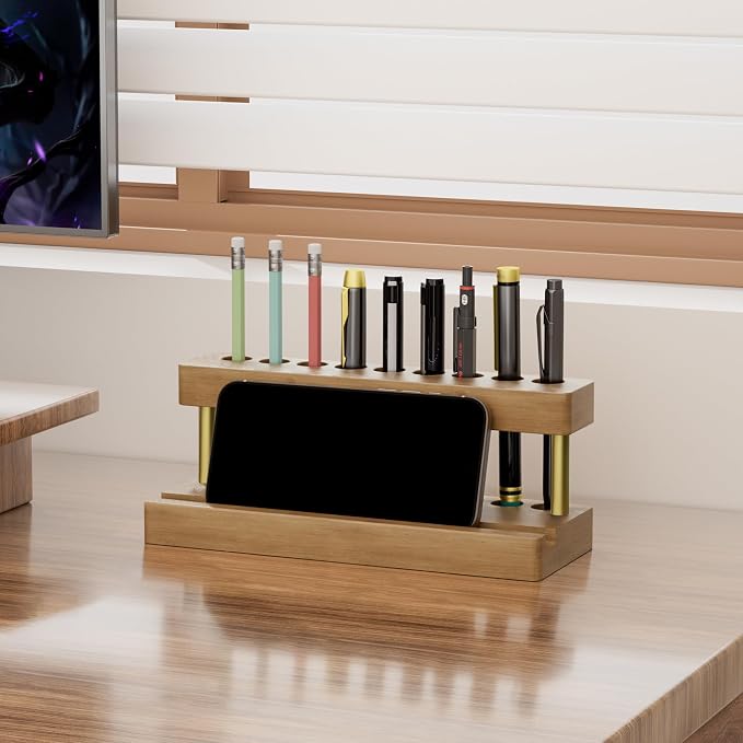 Wooden Holder for Office Desk, Solid Wood Pen Display Stand With 9 Slots and Cell Phone Holder, Aesthetic Pen Organizer for Minimalist Office Desk Decor (Wood+Gold)