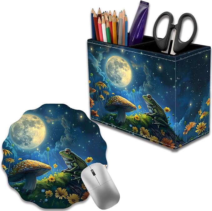 Pen Holder for Desk, PU Leather Multifunctional Desktop Storage Box and Anti-Slip Mouse Pad Set, Makeup Brush Holder Pen Organizer for Office and Home - Frog Mushroom