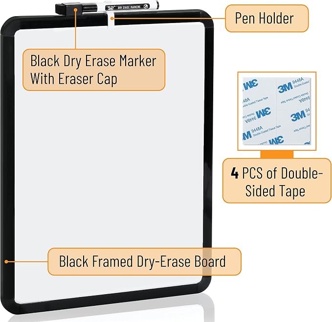 Mr. Pen- Dry Erase Board, 14” x 11” with a Black Dry Erase Marker, Black Frame, Small Mini White Board for Students, Fridge, Wall, Locker, Includes Double Sided Tapes