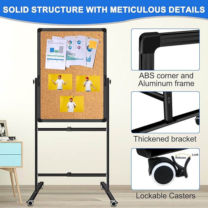 Max-officoo Double Sided Whiteboard & Cork Board on Wheels 30"x40" Adjustable Height & Angle Mobile Magnetic Dry Erase Board with Rolling Stand