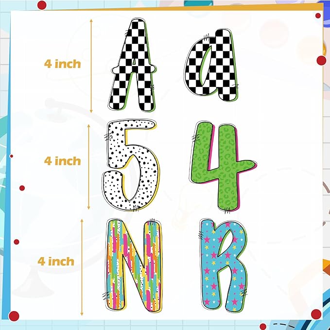 Gueevin 219 Pcs Bulletin Board Letters Set Large 4 Inch Doodle Alphabet Cutout Letter Bow Cut Out Letters Alphabet Numbers Cutouts for Classroom Back to School Party Supplies Photo Booth Props