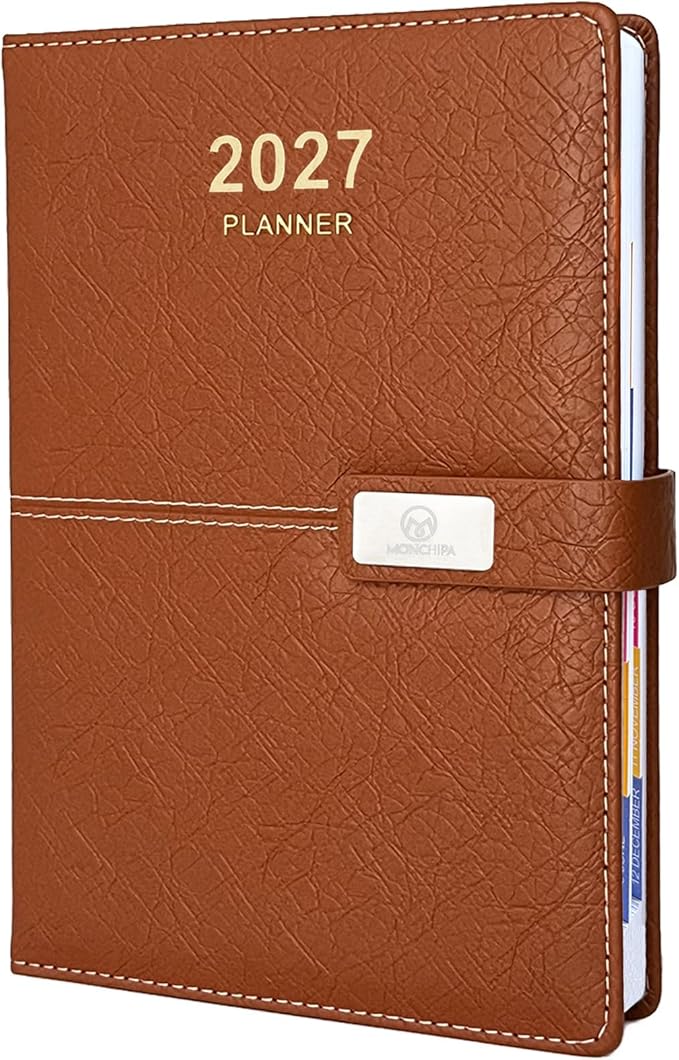 2027 Daily Planner - One Page per Day, 2027 Hourly Daily Calendar(Jan-Dec 2027), 5.7" x 8.26" Appointment Book, Leather Cover + Thick Paper (Brown)