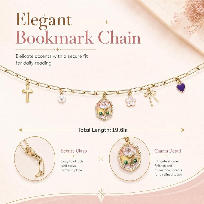 Floral Pearl Heart Bow Bible Charm Chain - Christian Biblebook Accessory Faith Gift, Scripture Bookmark Decor for Bible Spine Edge, Religious Charms for Book Lovers