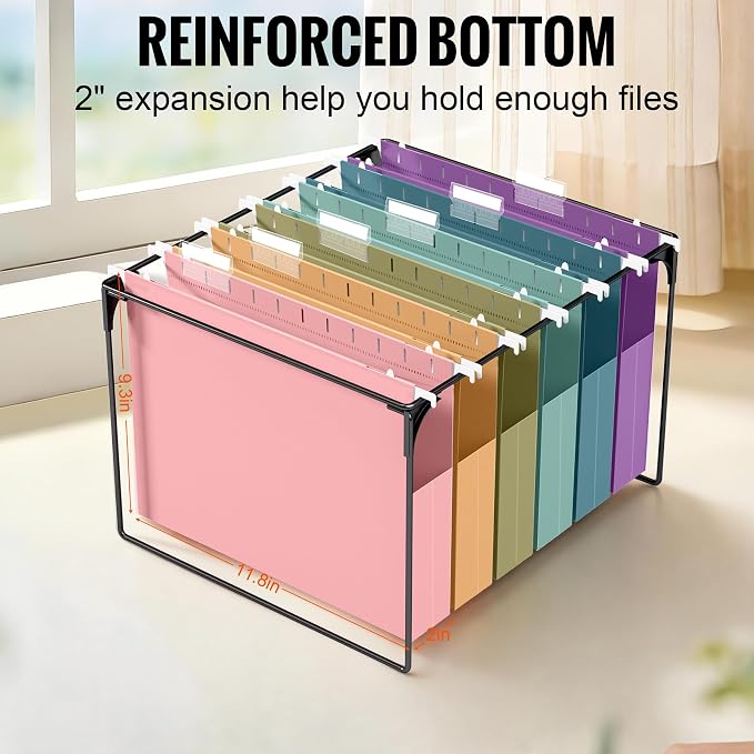 6 Pack Hanging File Folders Letter Size, 2" Pastel Expanding Pocket | 1/5-Cut Adjustable Tabs, Plastic Hang Folders, Heavy Duty for Filing Cabinet for Home Office, School Classroom
