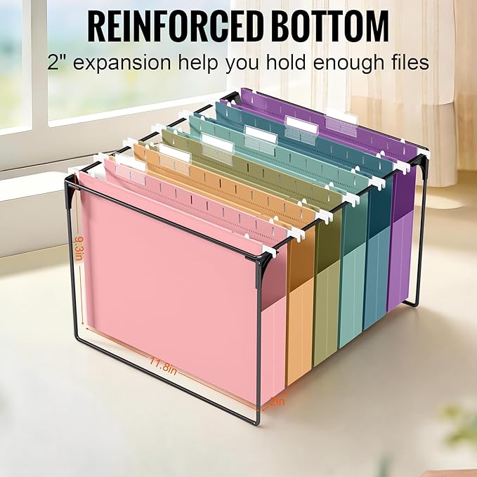 12 Pack Hanging File Folders Letter Size, 2" Pastel Expanding Pocket | 1/5-Cut Adjustable Tabs, Extra Capacity Plastic Hang Folders for Home Office, School Classroom, Assorted Colors