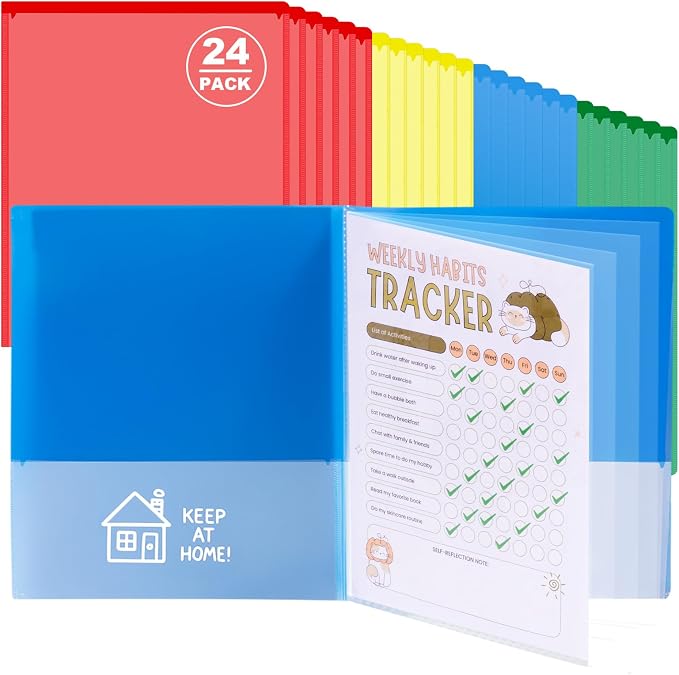 24 Pcs Back to School Take Home Folders for Elementary Students 2 Pocket Folders with Clear Front Pocket 4 Inner Pockets Plastic Parent Teacher Communication Folder 11.81 x 9.45 Inch (Mixed Color)