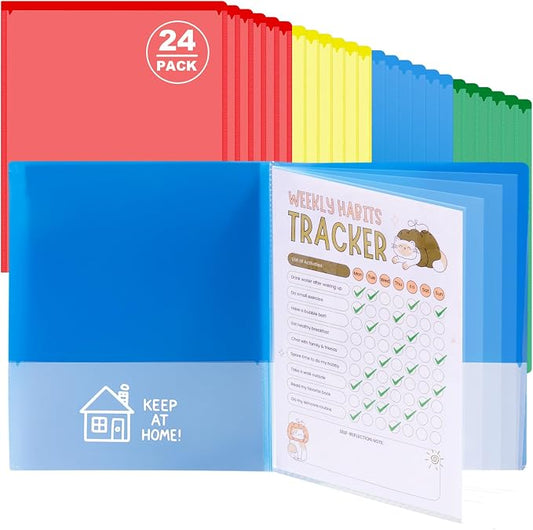 24 Pcs Back to School Take Home Folders for Elementary Students 2 Pocket Folders with Clear Front Pocket 4 Inner Pockets Plastic Parent Teacher Communication Folder 11.81 x 9.45 Inch (Mixed Color)