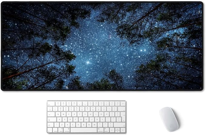 SSOIU The Milky Way and The Trees Mouse Pad 35.5 X 15.7 Inch XXL Night Sky Full Desk Mousepad Extended Large Non-Slip Rubber Base Waterproof Big Keyboard Mat with Stitched Edges for Gaming and Office