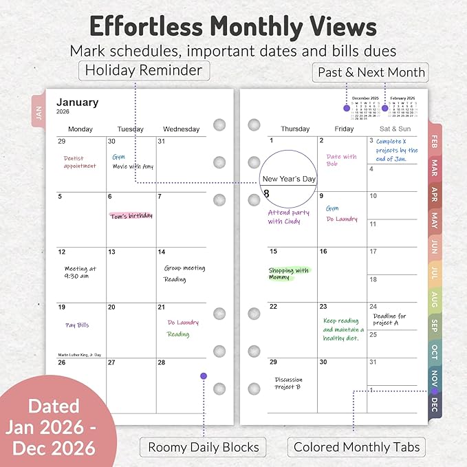 2026 Weekly & Monthly Planner Refills for A6 6-Ring Binders, Jan 2026 - Dec 2026, Forvencer 6-Hole Punched Planner Inserts with Colorful Monthly Tabs, Pocket Calendar Organizers, 3-3/4" x 6-3/4"