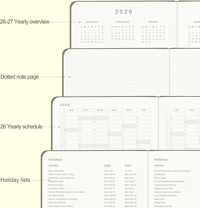 And Per Se 2026 Planner-Daily, Weekly & Monthly Leather Hardcover Planner, 5.7" x 8", Daily Schedule, 100 GSM Thick Paper, Back Pocket(Olive Green)