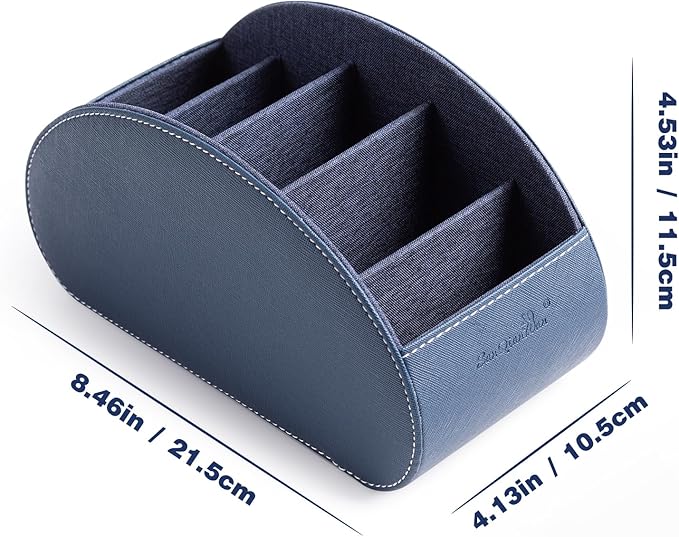 Remote Control Holders Organizer Box with 5 Compartment PU Leather Multi-functional Office Desk Storage Caddy Store Tv Remote for Media Player,Brush,Pencil,Glassees&Office Supplies (Dark Blue)