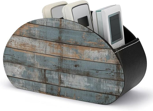 Rustic Weathered Horizontal Planks Wood Remote Control Holder with 5 Compartments Leather TV Remote Caddy Remote Storage Box Desktop Organizer for Pen/TV Remotes/Media Controllers/Office Supplies