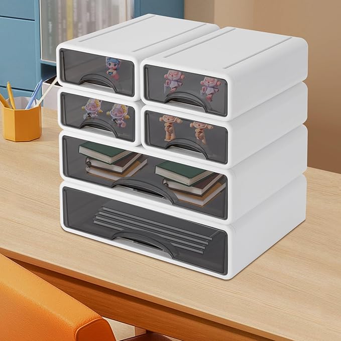 6 Pcs Desk Organizer Office Storage Box with 6 Drawers Plastic Drawers Organizer Stackable Storage Drawers for Office Supplies, Pencils, Markers, Tape, Erasers, Paperclips, White