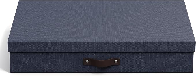 Bigso Sverker Canvas Fiberboard Legal and Art Storage Box | Scrapbook Storage Box for Loose Papers and More | Durable Document Boxes with Lid and Leather Handle | 17.1’’ x 12.2’’ x 3.3’’ | Blue