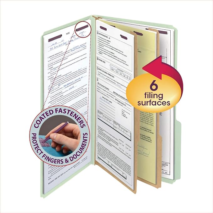 Smead Pressboard Classification Folder with SafeSHIELD Fasteners, 2 Dividers, 2" Exp, 1/3-Cut Tab, Legal Size, Gray/Green, 10 per Box (19215)
