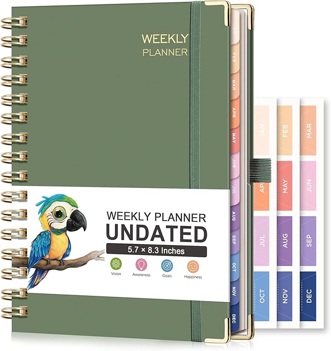 RETTACY Undated Planner, Weekly and Monthly, 53 Weeks and 12 Months, Medium Size (5.7" x 8.3"), 24 Self-adhesive Monthly Tabs, Hardcover, 100 GSM Thick Paper, Spiral-bound (Light Green)