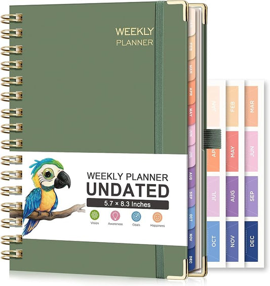 RETTACY Undated Planner, Weekly and Monthly, 53 Weeks and 12 Months, Medium Size (5.7" x 8.3"), 24 Self-adhesive Monthly Tabs, Hardcover, 100 GSM Thick Paper, Spiral-bound (Light Green)