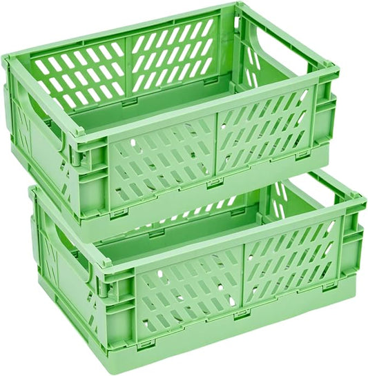 2 Pack Plastic Storage Collapsible Crate Organizer Basket Bin for Organizing Desk Drawer Shelf for Home Kitchen Bedroom Bathroom and Dorm Storage, 9.8x6.5x3.8in, Green