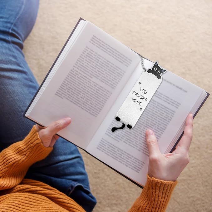 Black Cat Bookmark for Reading Women, Inspirational Funny Cute Metal Book Mark You Pawsed Here Bookish Gifts Reading Marker Accessories for Men Women Book Lovers (Cat Tail)