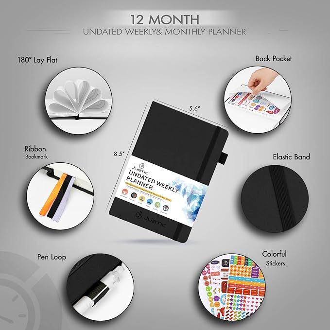 2026-2027 Undated Planner Weekly and Monthly Productivity Daily Planners Agenda Calendar to Do List Notebook A5 Organization Journal with Stickers Appointment Book for Time Management(Black)