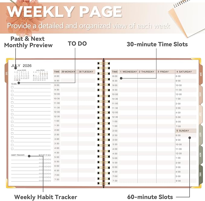 Large 2026-2027 Academic Planner, Weekly & Monthly Appointment Book from Jul. 2026 - Jun. 2027, Work & Life Daily Hourly Planner with Time Slots,A4 Agenda Organizer for School Office, Brown,8.5" x 11"