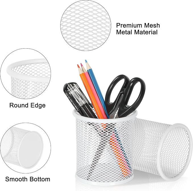 EasyPAG Metal 2-Piece Pen Holder Set Desk Accessories & Workspace Organizers for Classroom, School & Office,White