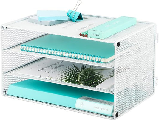 EASEPRES 3 Tier Mesh Desk Organizer Tray, Desktop Mail File Paper Letter Folder Holder Sorter Organization Rack Storage Accessories for Office Home School Classroom, White