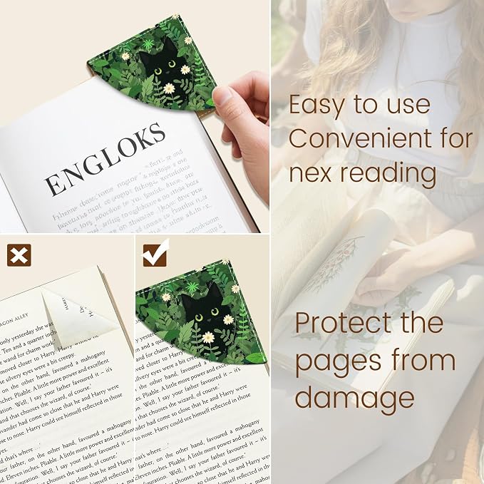 Icycay Black Cat Corner Bookmarks, Cute Leather Book Accessories for Book Lovers, 3 Pcs Reading Book Page Markers for Women Men Student Teacher Girls Boys Kids Retirement Birthday Gifts (Garden)