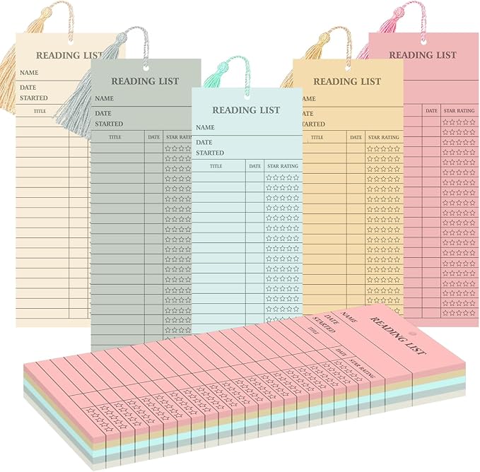 50 Pcs 5 Color Reading List Bookmarks with 10 Bookmark Tassels 3x8 Inch Bulk Reading Log Book Tracker Bookmarks for Book Lovers, Students, Teachers (Multicolor)