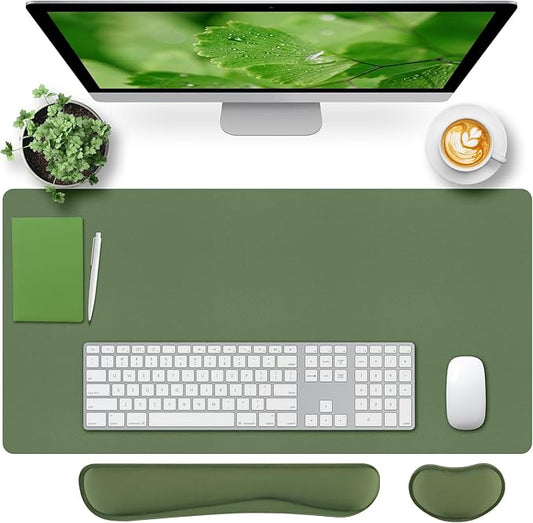 Bloss Keyboard Wrist Rest + Mouse Wrist Rest + Leather Desk Mat, Non-Slip Desk Mat Protector for Office, Home(31.5×15.7 Inches,Olive Green)