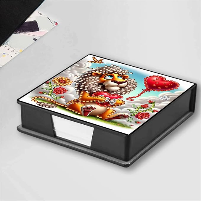 Lion Diamond Painting Note Box Memo Pad Holder,Animal Diamond Art Sticky Notes Organizer for Desk, Aesthetic Stationery Storage Case for Office,School Supplies (Lion)