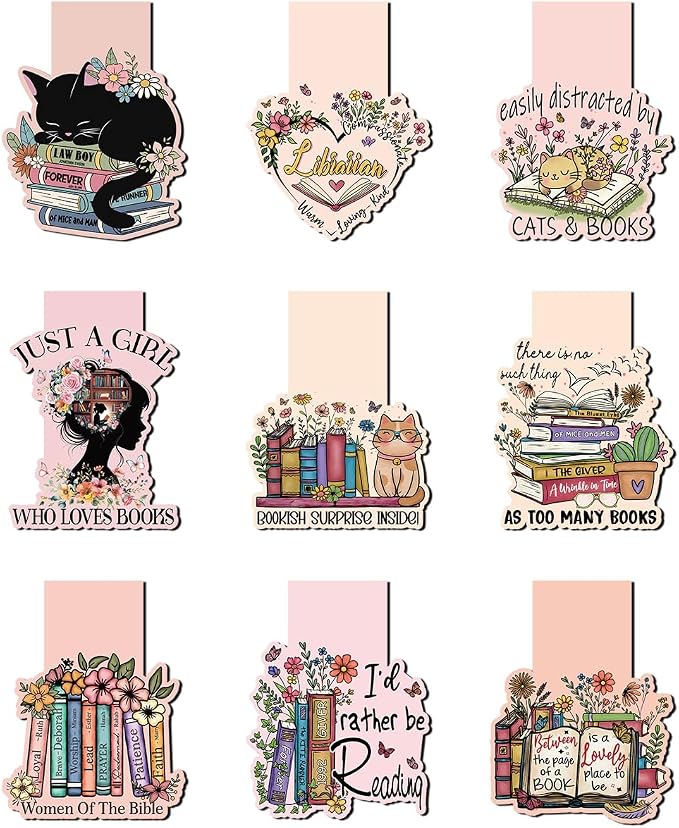 Cute Magnetic Bookmarks Set, 9 Pcs Floral & Cat Magnetic Page Markers for Women Men Readers, Strong Magnet Book Page Clips, Aesthetic Reading Gifts for Book Lovers