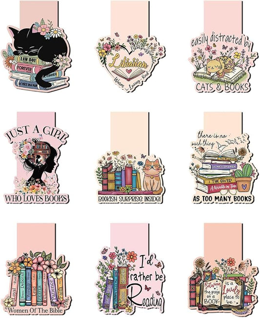 Cute Magnetic Bookmarks Set, 9 Pcs Floral & Cat Magnetic Page Markers for Women Men Readers, Strong Magnet Book Page Clips, Aesthetic Reading Gifts for Book Lovers