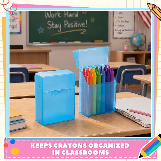 Clabby 2 Pcs Plastic Crayon Organizer Case for 24 Count Crayons Kids Art Supply Storage Box with Lid, Portable Holder for Classroom Home Travel, Fits Standard 24-Pack Crayon (Blue)
