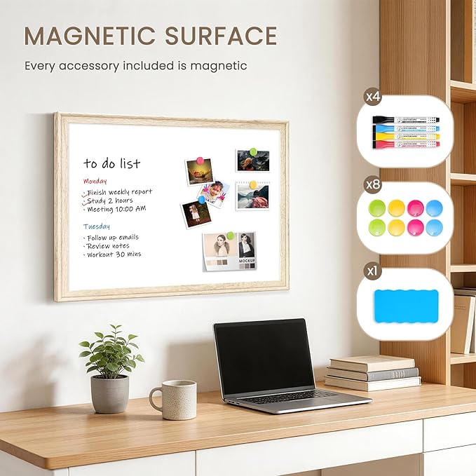 White Board for Wall, 36" x 24" Magnetic Dry Erase Board, Decorative Wooden Frame Large Whiteboard, Wall Mounted, Aesthetic Writing Board for Home, Office, School - Vintage