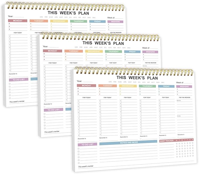 (3-Pack) Undated Weekly Planner - 8.5" x 11" Undated Daily Productive Weekly To Do List Notepad for Home, Work, School, Projects, 52 Weeks, Clean Colorful Design