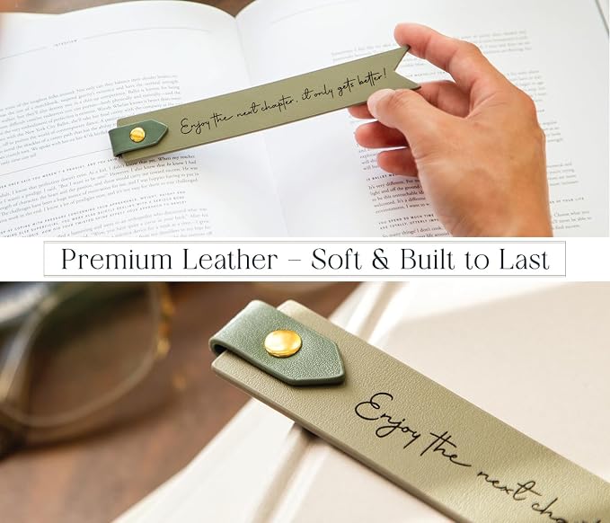 Engraved Leather Bookmark in Matcha - Enjoy the Next Chapter It Only Gets Better, Inspirational Gift for Graduation New College Student New Job Business Retirement
