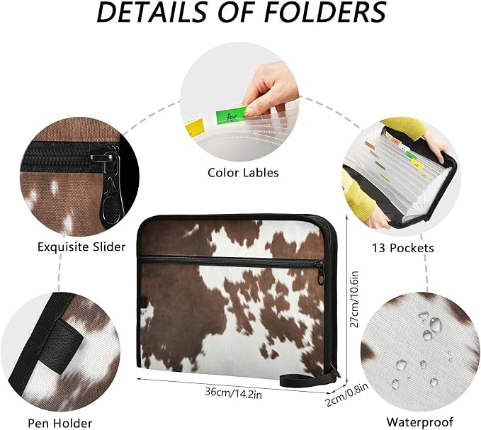 Western Cow Skin Texture Expanding Accordion File Folder with Sticky Labels, 13 Pockets Zip File Folder with Zipper Closure