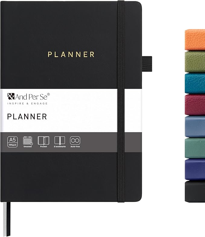 And Per Se Undated Weekly Planner 2026, A5 size Leather Hardcover Planner with Goals & Habit Tracker – ADHD Planner & Productivity Journal (Black)