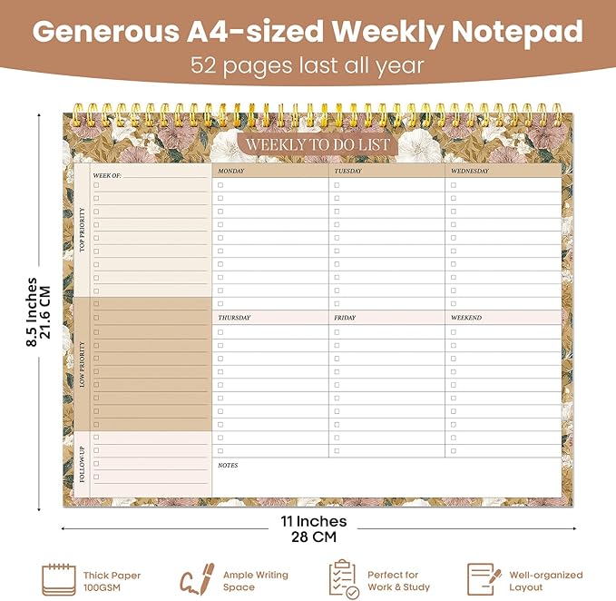 Weekly To Do List Notepad with 52 Undated Sheets（8.5"×11"）- Undated Weekly Planner Notepad for Office Desk Accessories and Supplies - Toffee Blossom