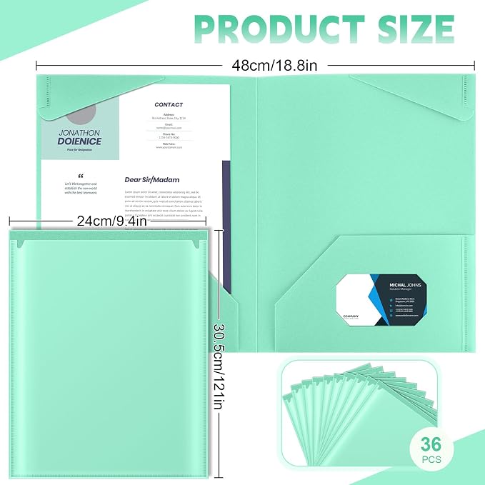 Henoyso 36 Pack Light Green Plastic Folders with Clear Front Pockets Heavy Duty File Folders with 2 Pockets and Card Slot for Student Communication School Office Presentation Report