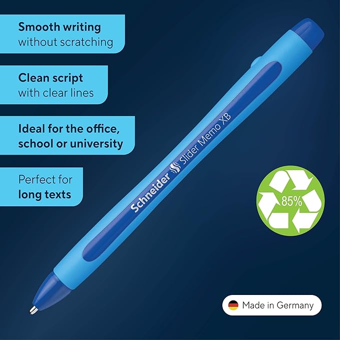 Schneider Slider Memo XB (Extra Broad) Ballpoint Pen, 1.4 mm, Light Blue Barrel, Blue Ink, Box of 10 Pens (150203)